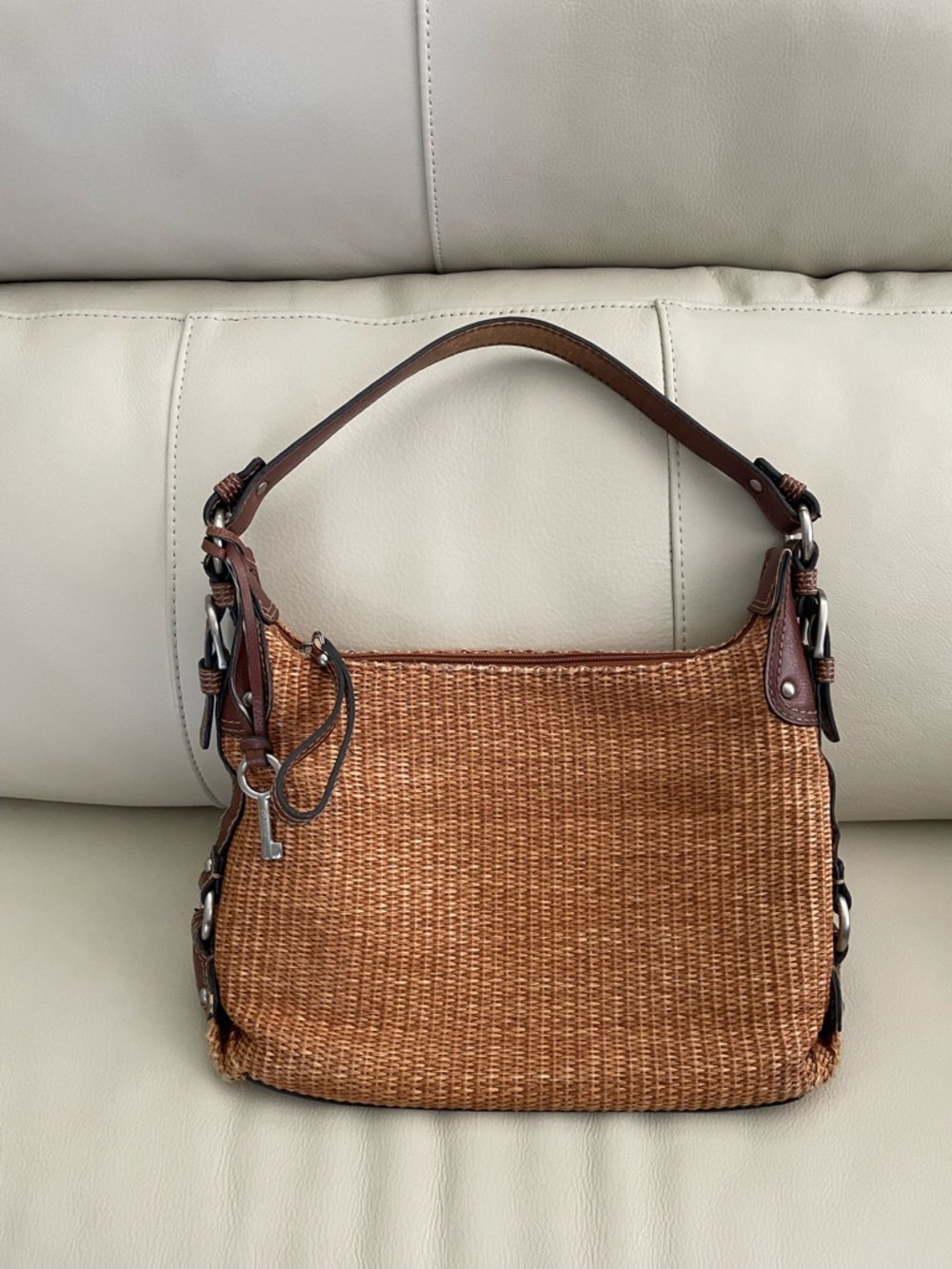 Fossil Woven Straw Shoulder Bag with Brown Leather Trim